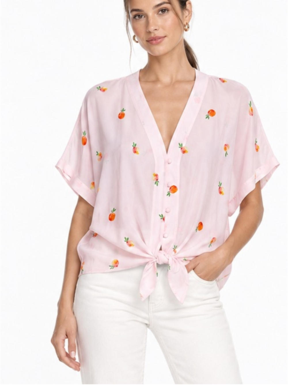Peaches Uniforms Light Pink Button-Tie Crop Top with Orange Peach Print